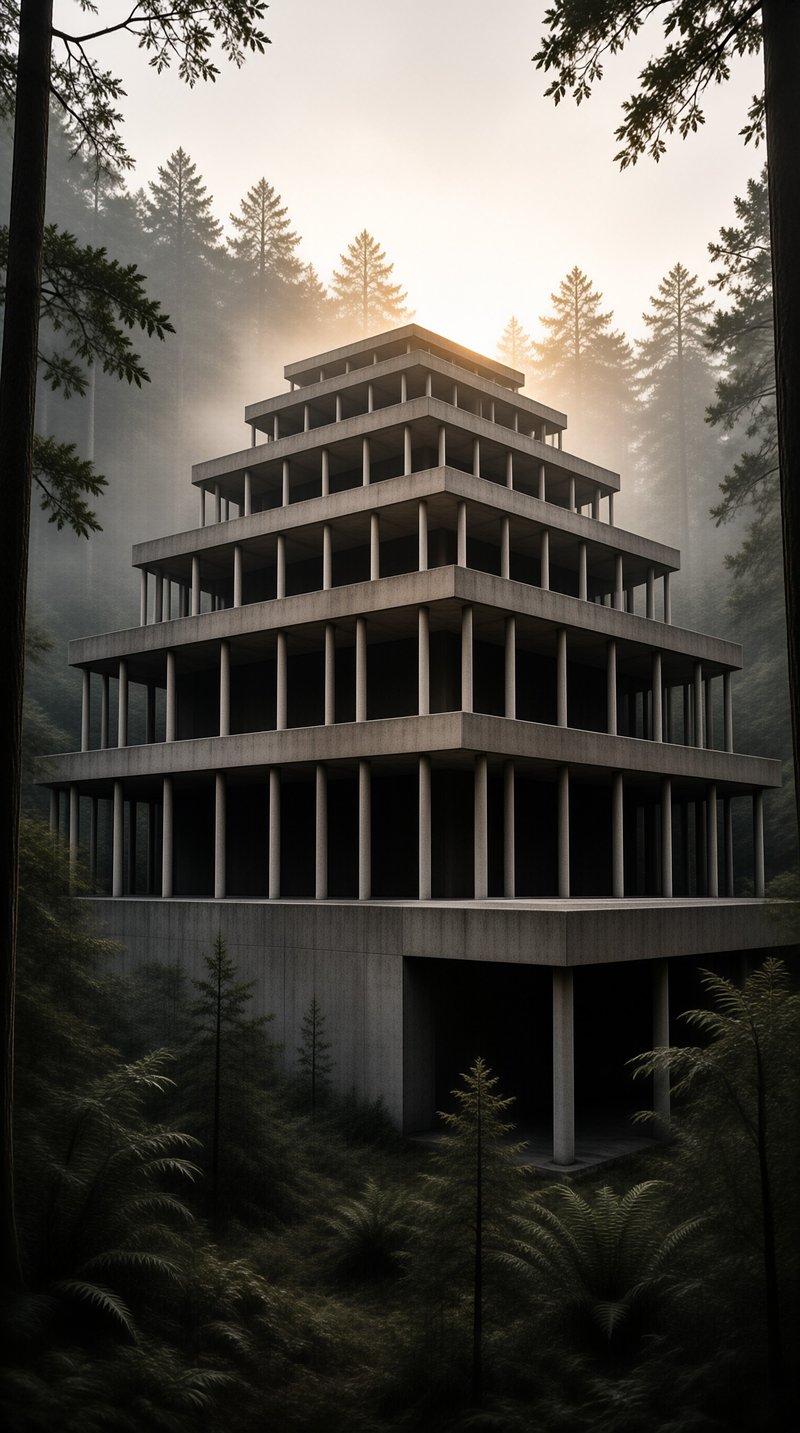 A tiered brutalist concrete structure stands among tall evergreen trees under soft hazy sunlight.