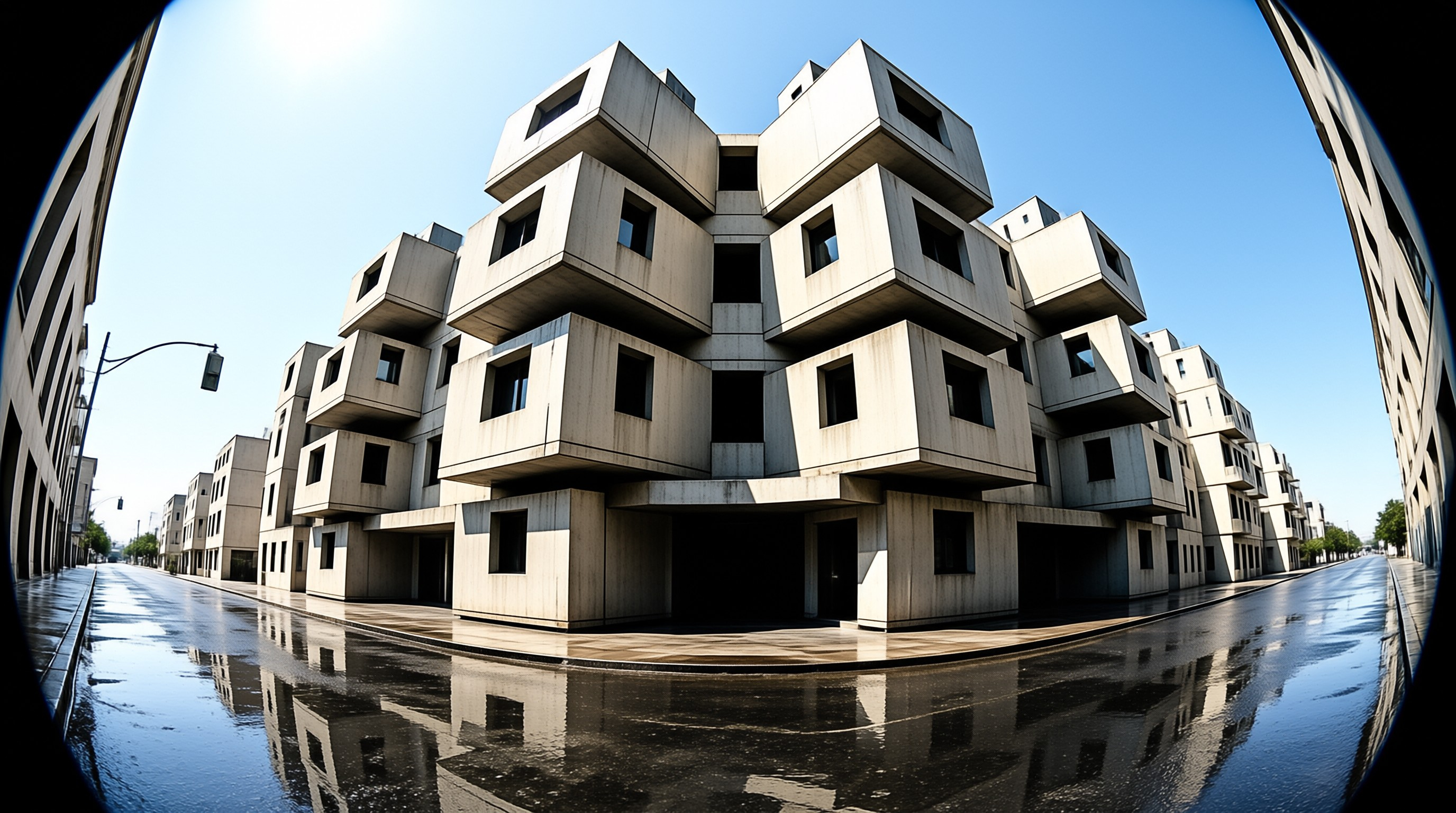 Wide-angle view of a geometric structure of stacked concrete blocks on a wet street corner under a bright blue sky.