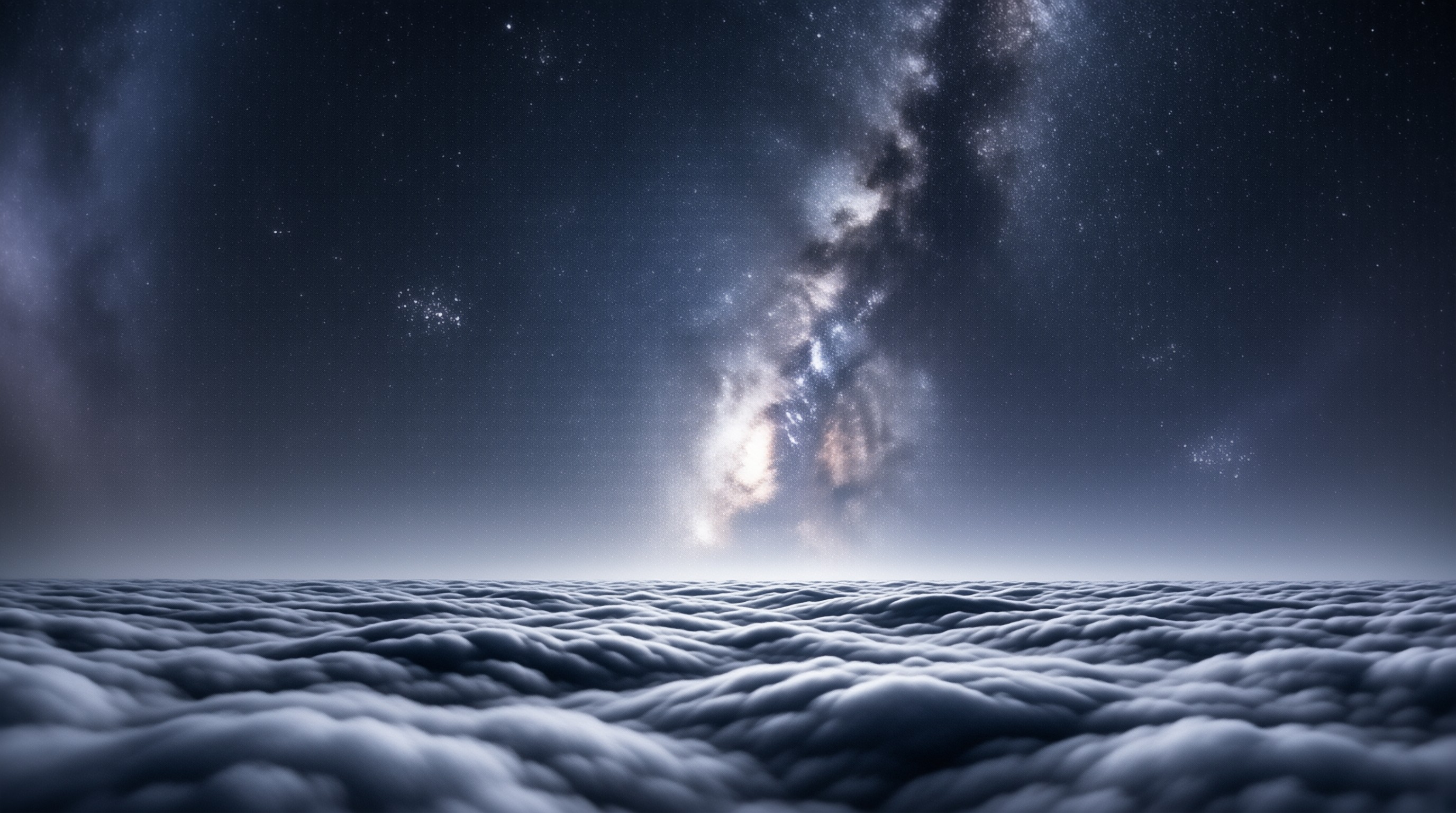 Milky Way Galaxy arches over a textured cloud sea beneath a vast starry night sky illuminated by soft light.