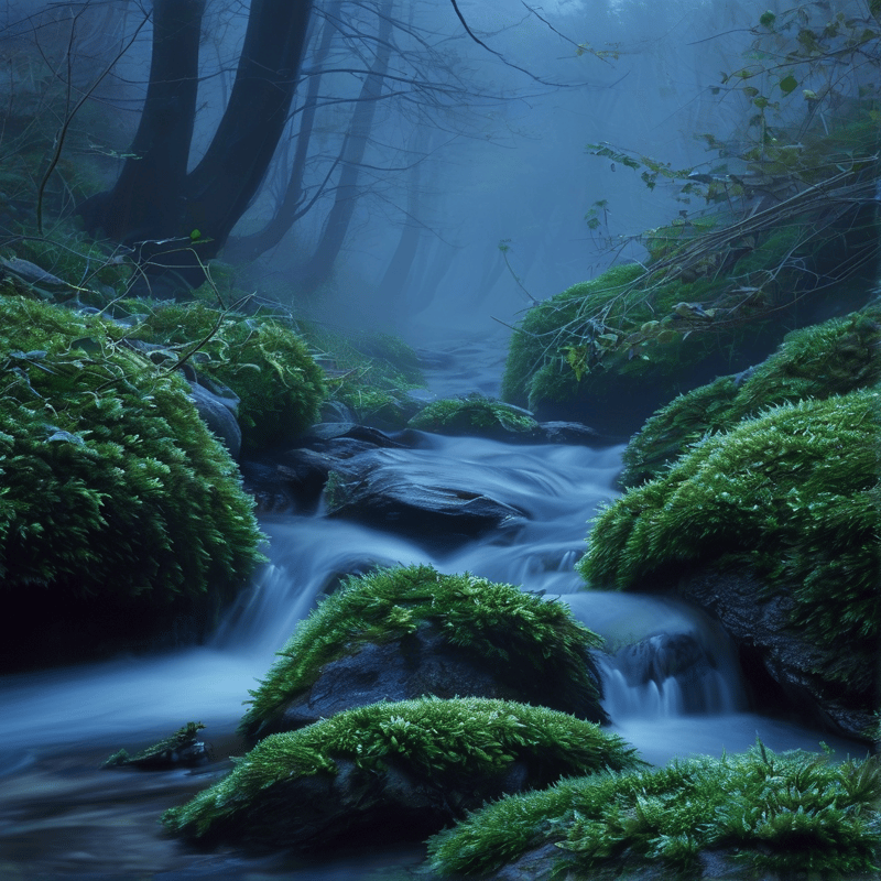 Silky blue water flows around large mossy rocks in a foggy dark forest with tall trees.