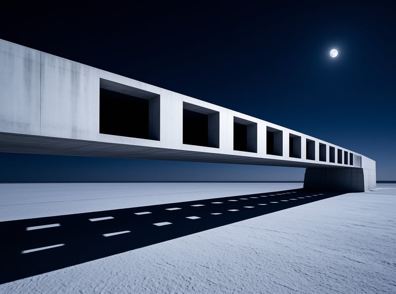 A long concrete wall of square openings floats above a pale salt desert, casting dotted shadows under the moon