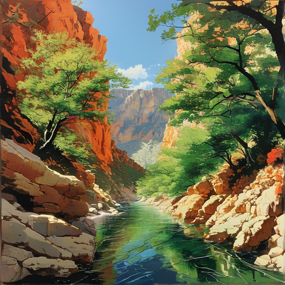 Digital art shows a stream meandering between steep reddish cliffs and lush vegetation beneath a clear blue sky.