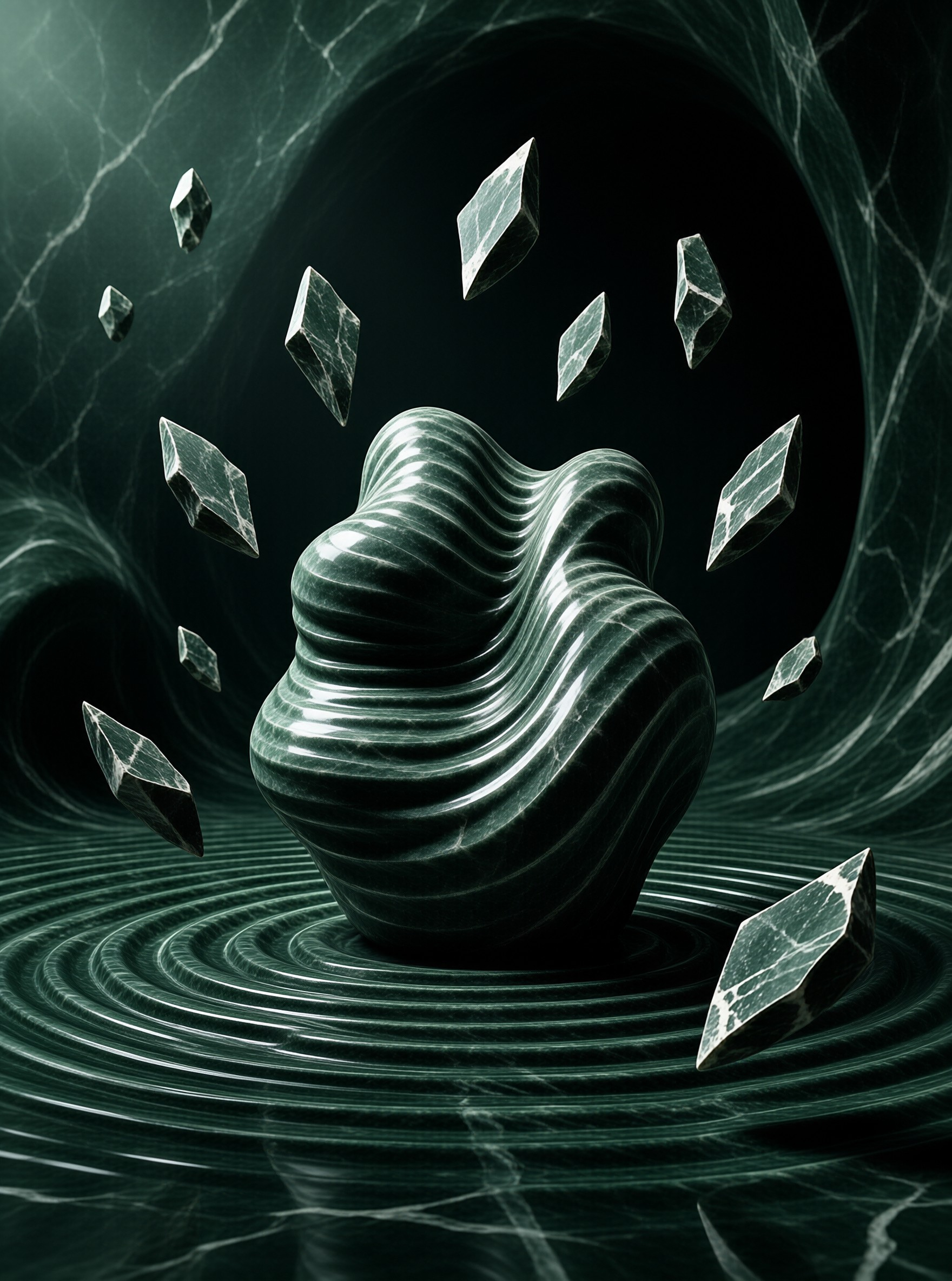 A glossy green abstract shape hovers above concentric ripples while angular fragments float around it in a dark void.