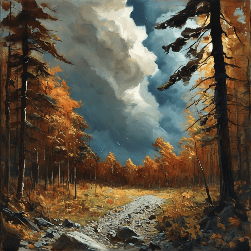 A gravel path winds through an autumn forest with tall trees and orange leaves under a dramatic sky with storm clouds.