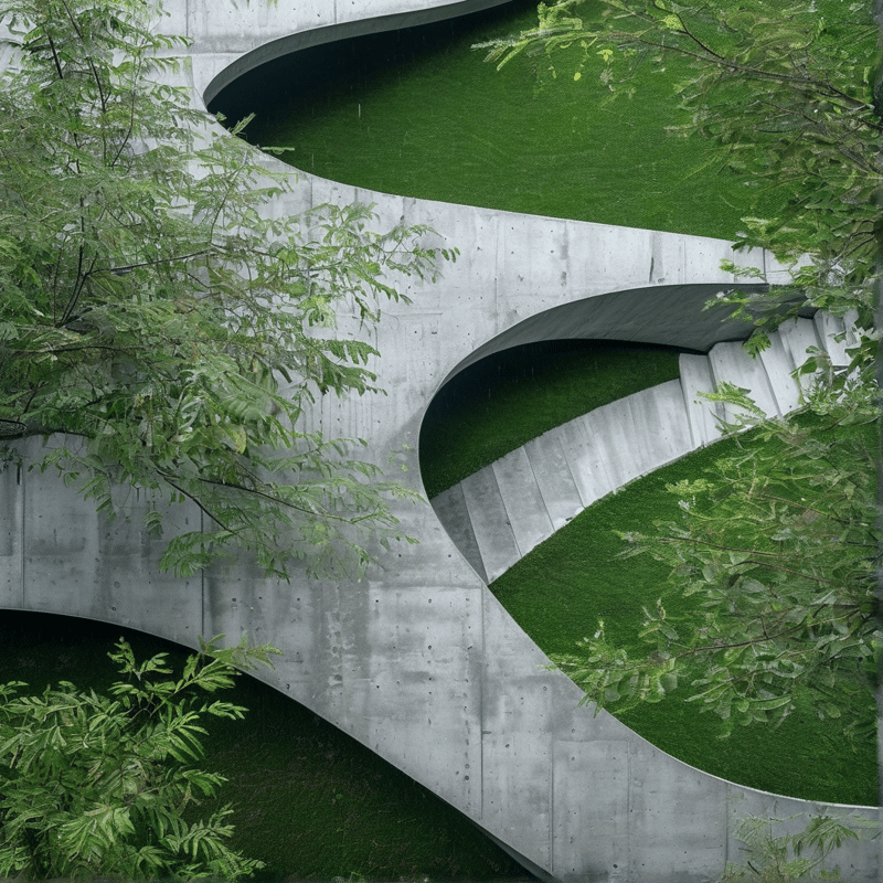 Grey concrete arches wind through a landscape of bright green grass and leafy trees under soft diffuse daylight.