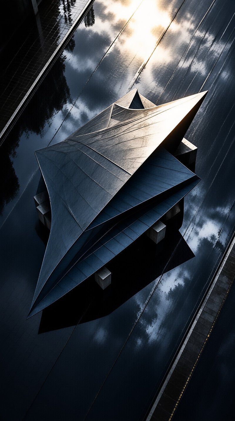 Sharp angular metallic pavilion rests over still dark water mirroring the cloudy golden hour sky and distant treeline on the left side.