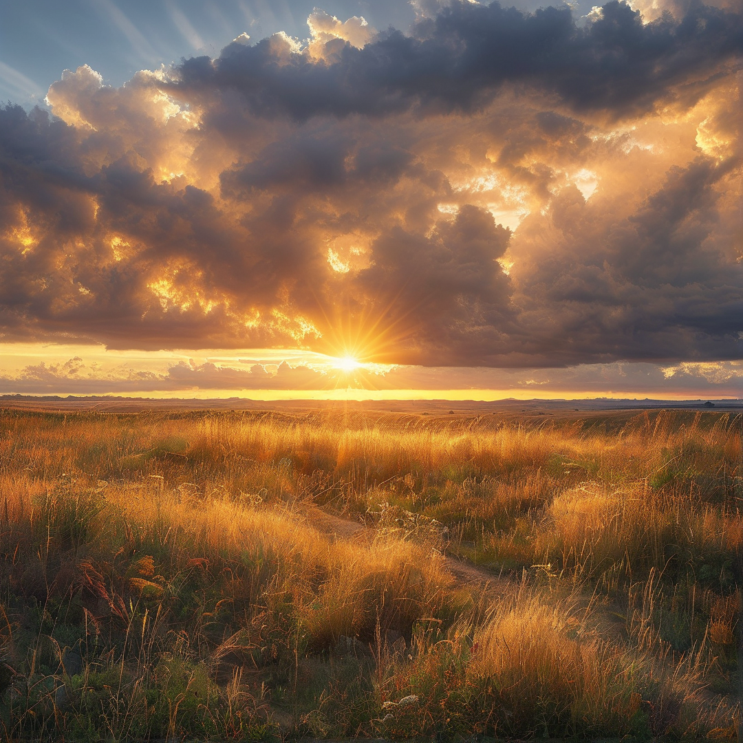 Golden Sunset Over Grass Field
