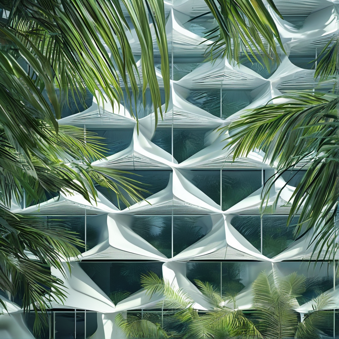 Bright sunlight highlights a white pleated building exterior partially hidden by green palm foliage.