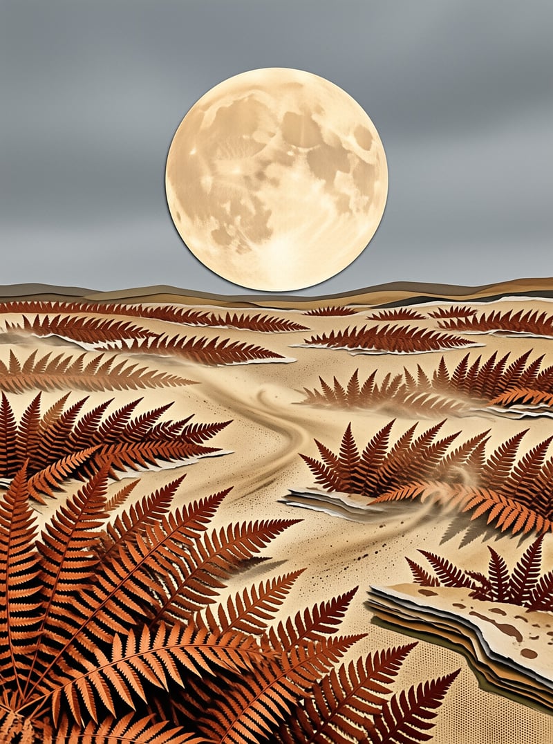 A massive pale moon hangs in a grey sky above a surreal landscape of terraced hills covered in brown fern fronds and sand.