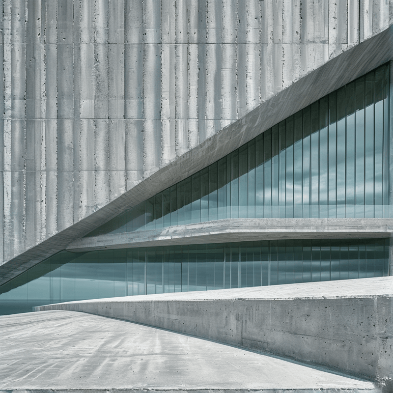 Sharp angled beam covers transparent panels set against textured pillars under an overcast sky in grey architecture.