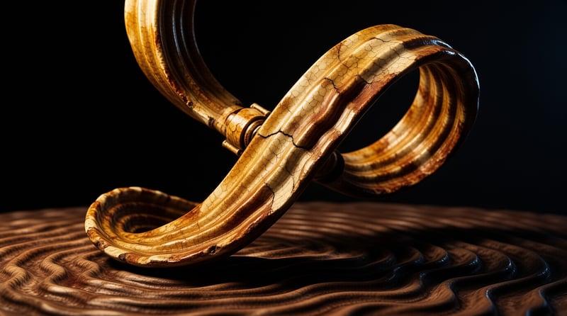 A twisted ribbon-like object with cracked amber texture curves above a rippled brown textured base under warm lighting.
