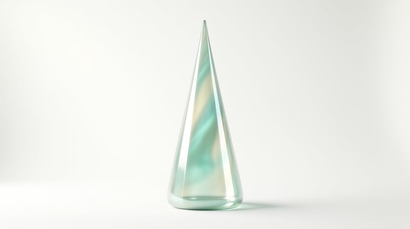A slender clear cone with a swirled green and gold interior rests on a bright neutral backdrop