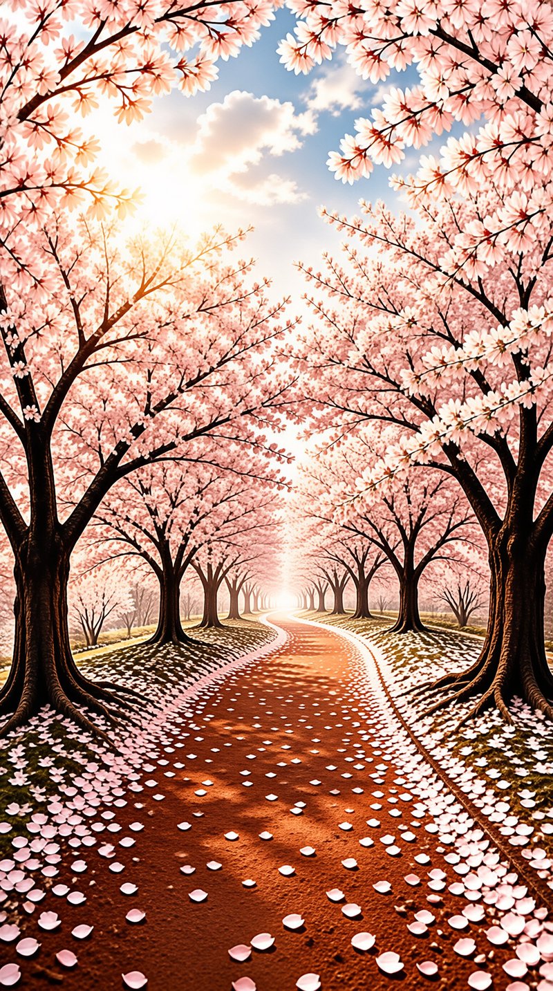 A dirt path scattered with pink petals winds between blooming cherry trees towards a bright horizon.