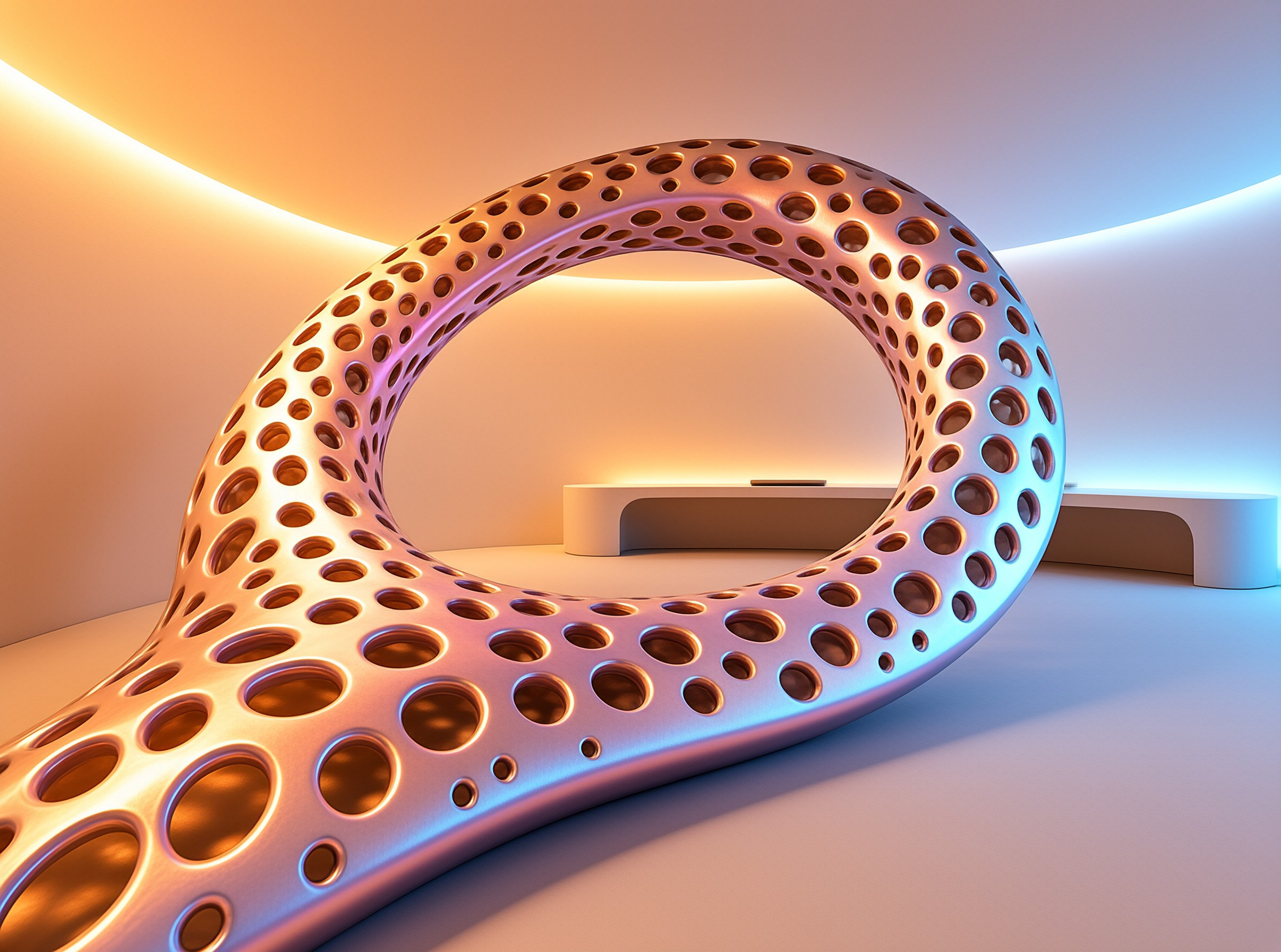 A metallic donut form riddled with circular holes sits lit by warm amber and cool blue light in a minimalist showroom.