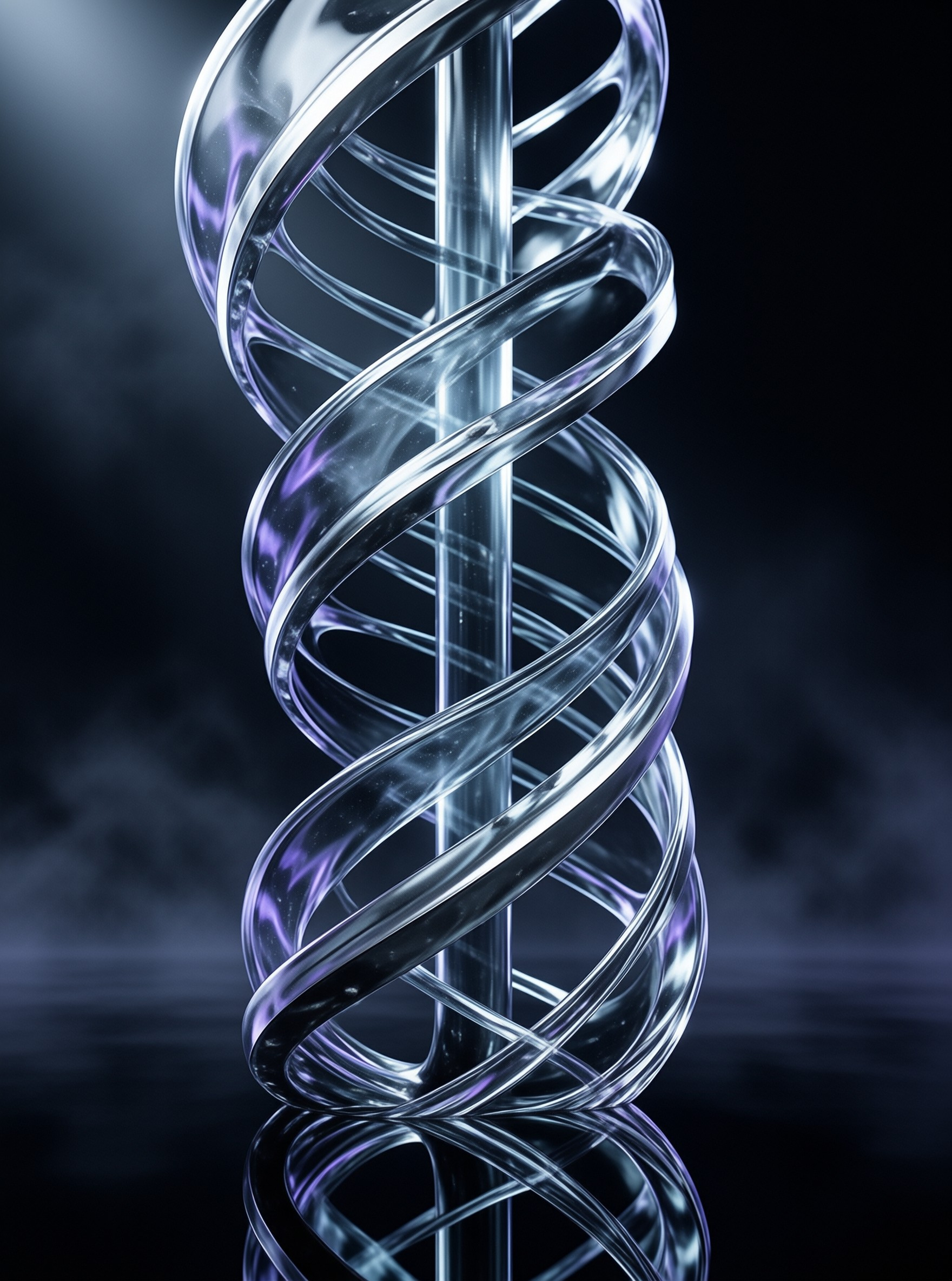 A clear glass double helix sculpture stands vertically against a dark misty background with blue lighting.