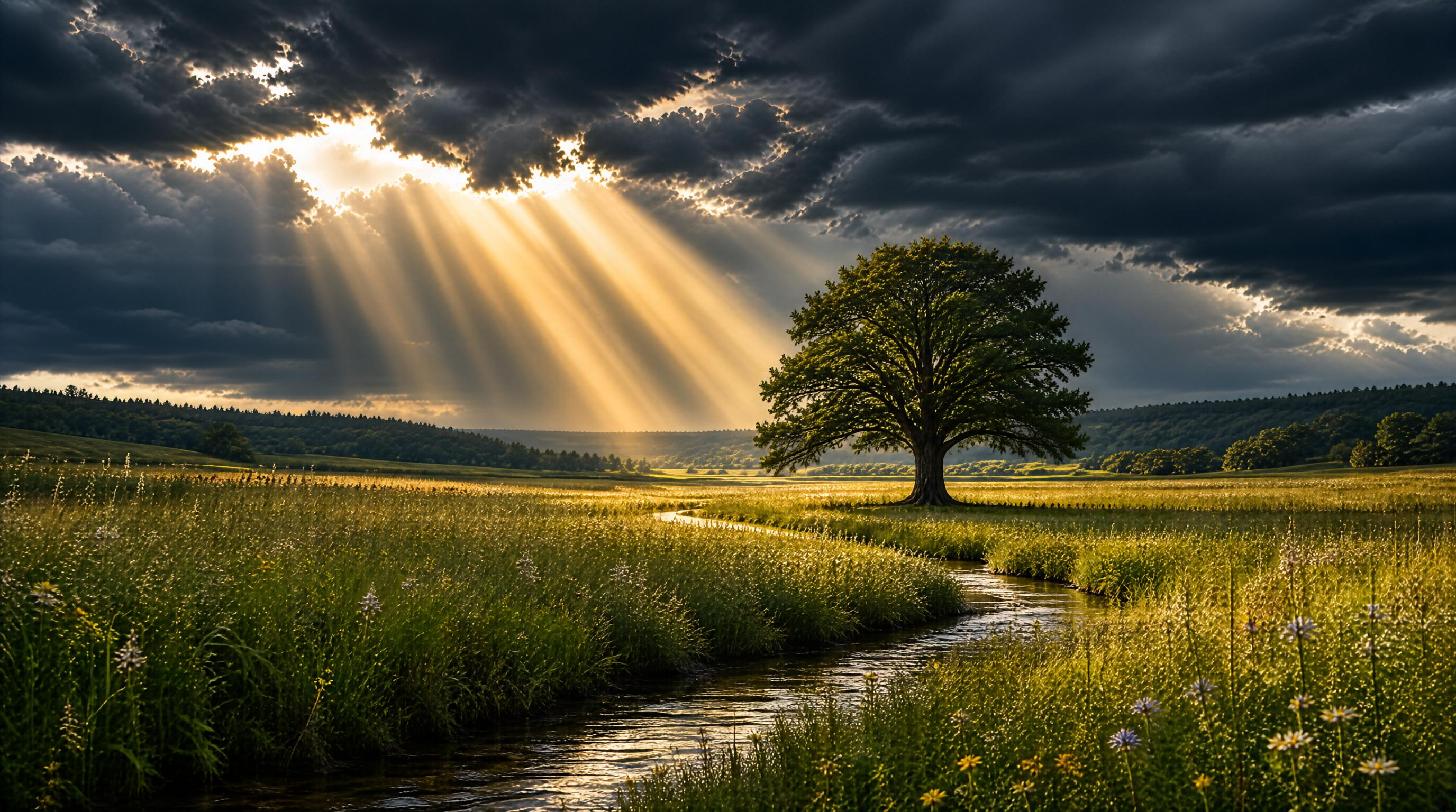 Sunbeams Over a Lone Oak Tree