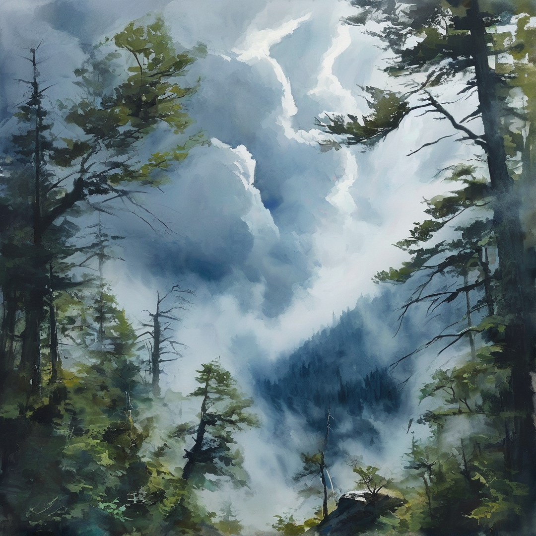 A painterly landscape showing tall conifers bordering a valley filled with bright white fog and deep blue shadows.