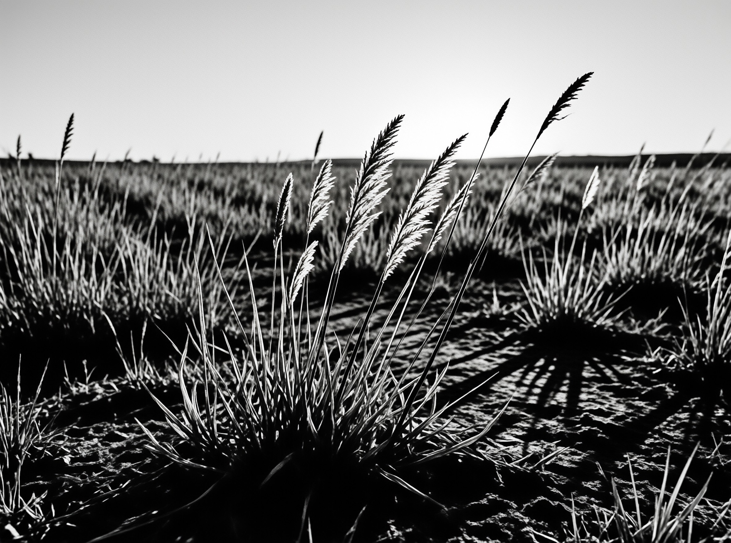 Clumps of tall wild grass stand in an open field casting long dark shadows under bright sunlight in monochrome.