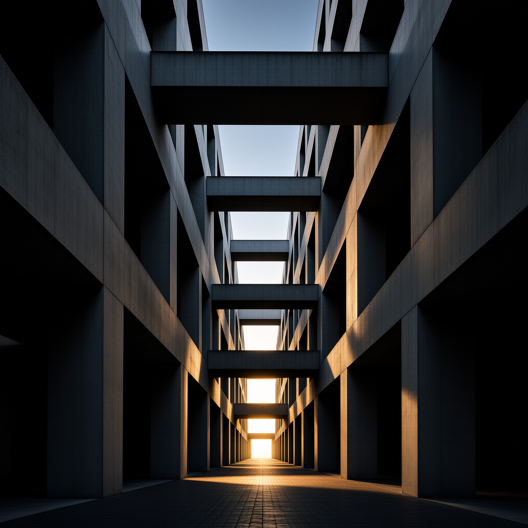 Concrete structure with geometric lines and golden sunlight flooding the distant opening.