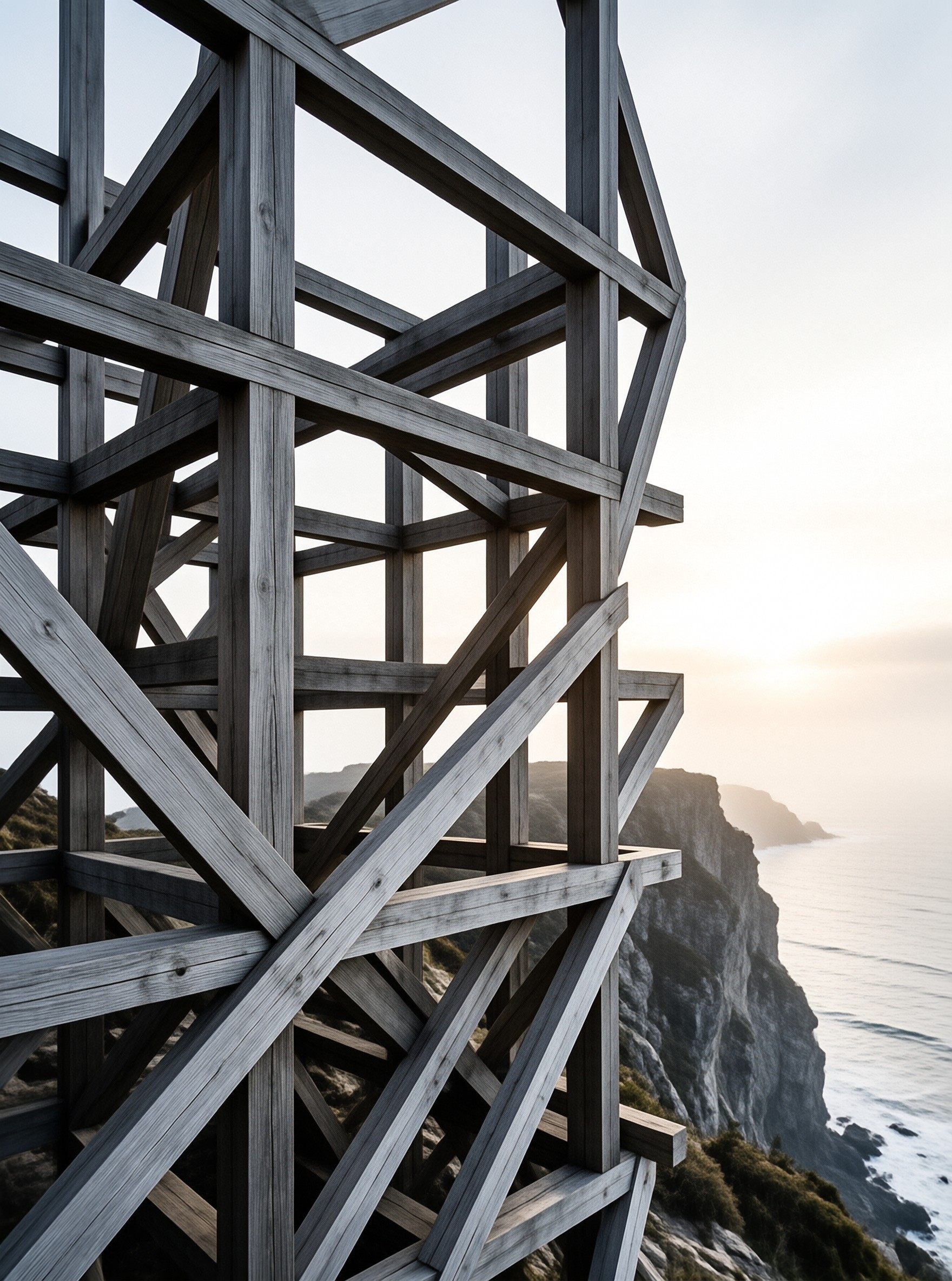 A weathered angular wooden frame sits above a rocky coastal cliff in soft golden evening light overlooking the calm ocean.