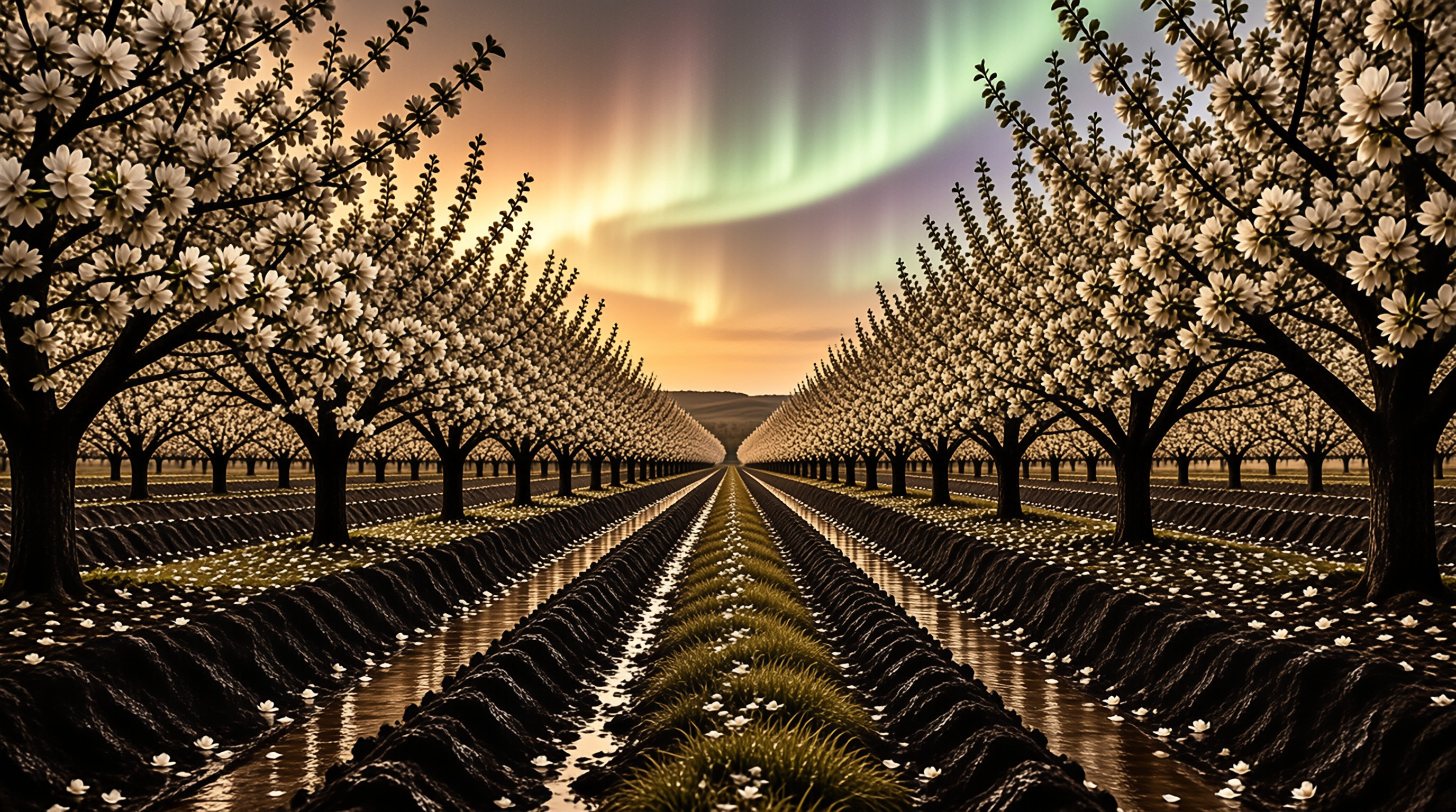 Orchard Under Aurora Sky