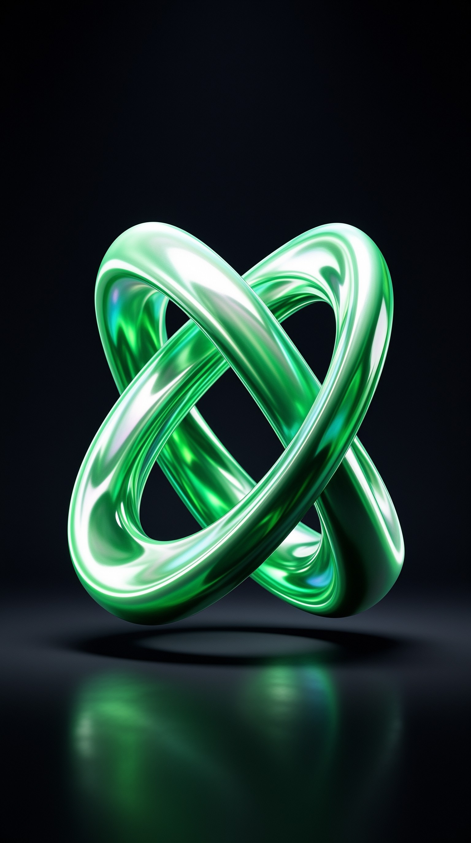 A glossy green knot sculpture floats above a reflective black surface with bright highlights.
