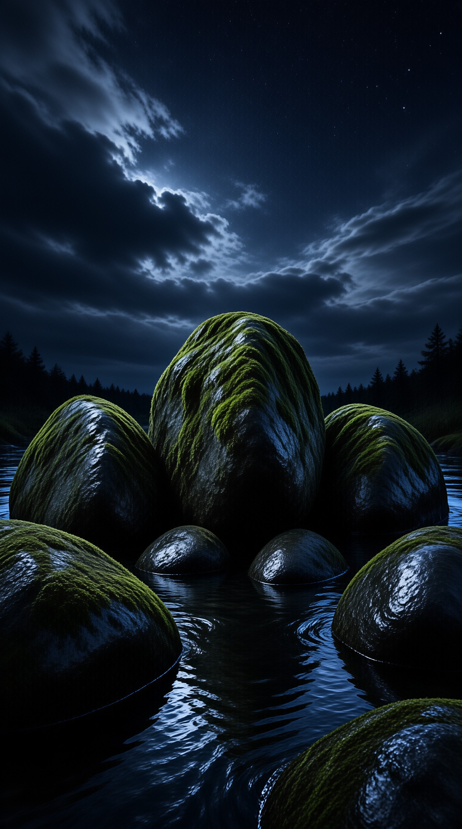 Mossy Rocks at Night