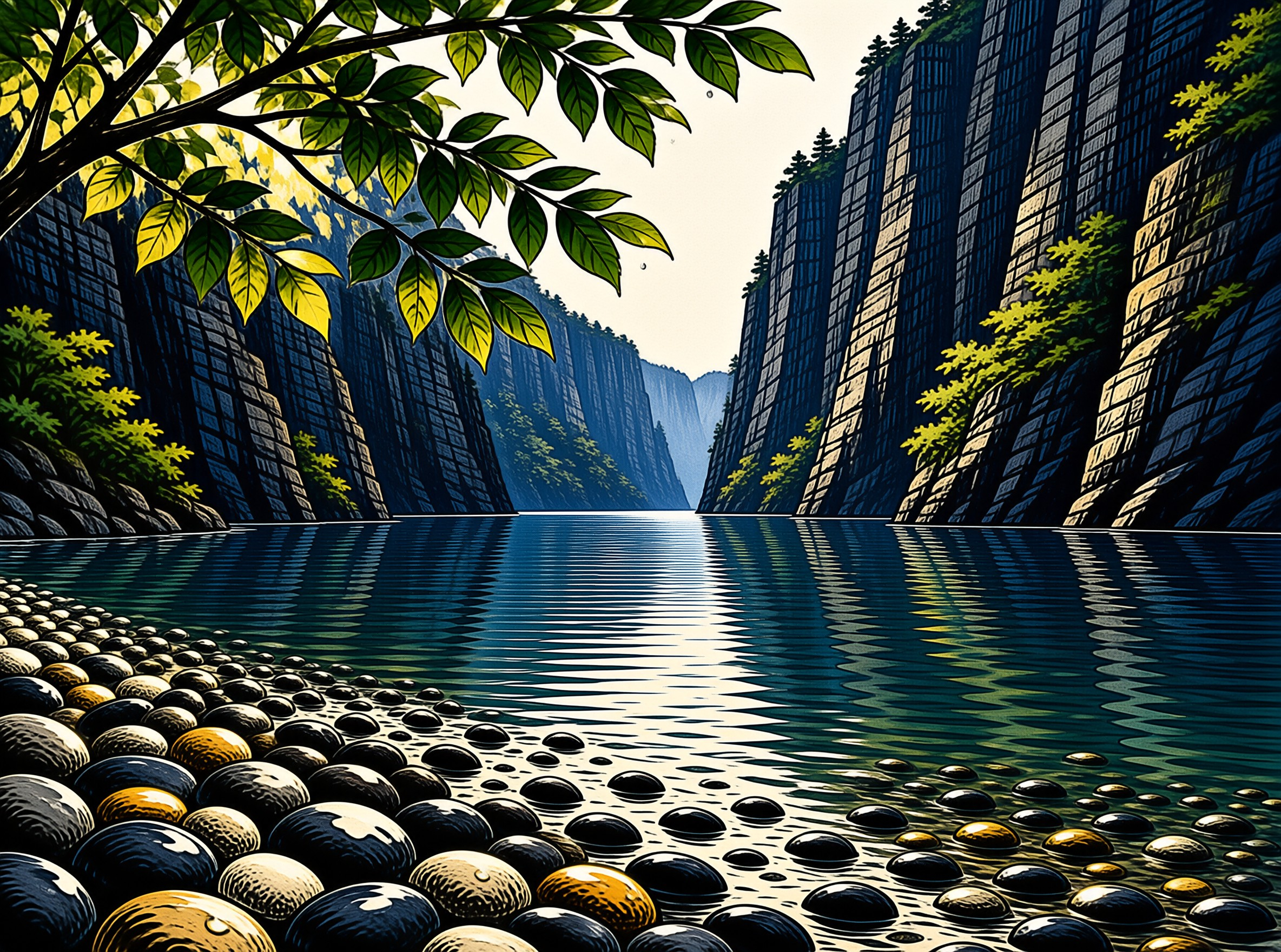 Shiny black and golden pebbles line the edge of a calm river that winds between steep forest-dotted cliffs.