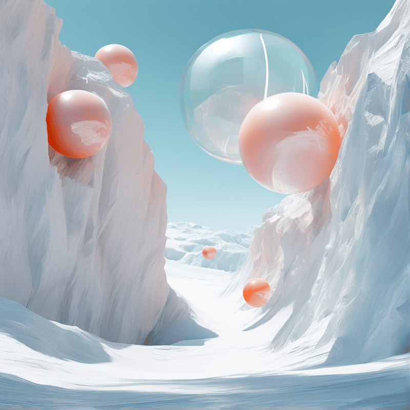 Translucent peach and clear orbs hover and rest against pale rippled ice canyon walls under a bright pale blue sky.