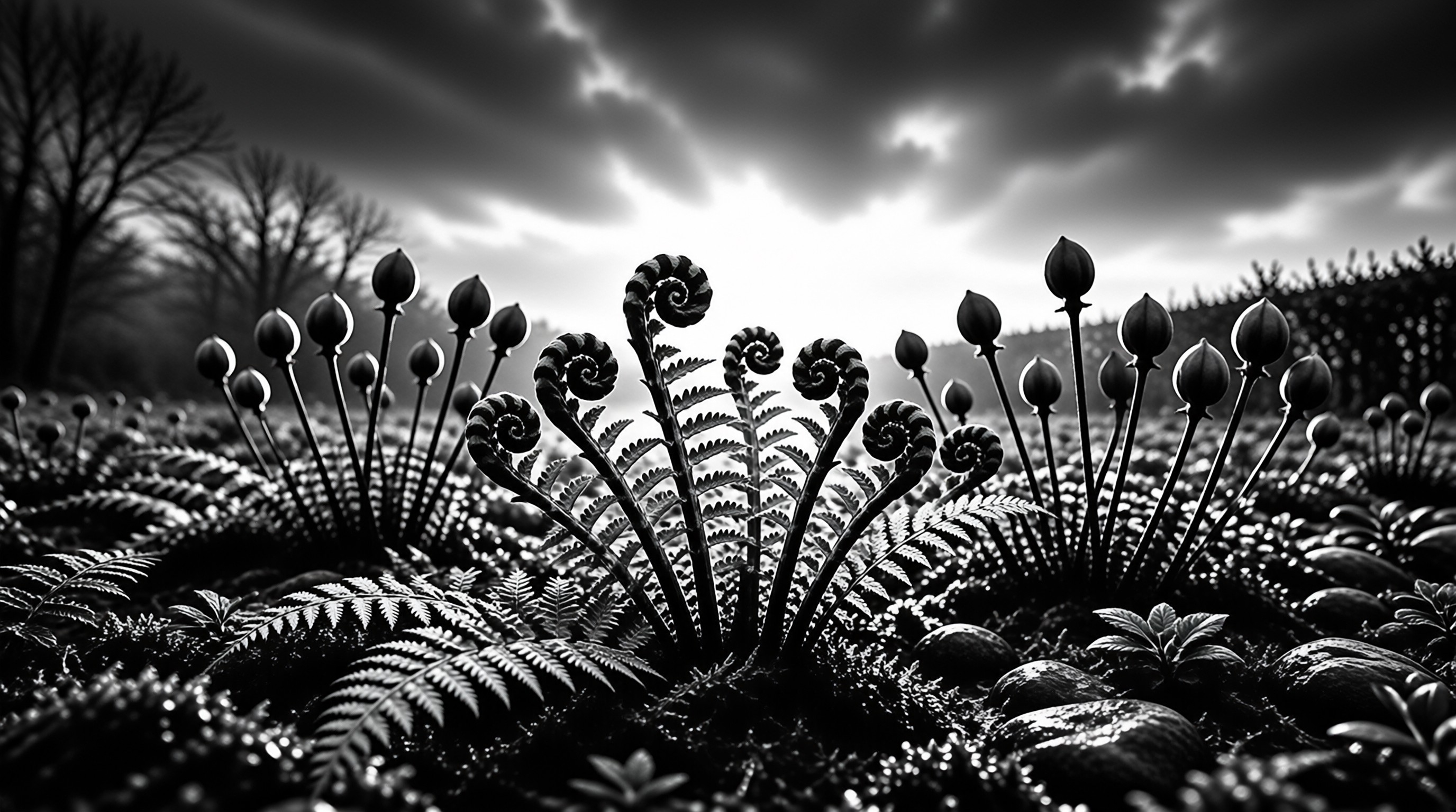Silhouetted fern fiddleheads and tall buds rise against a dramatic cloudy sky in black and white.