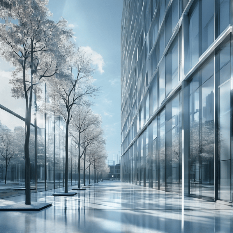 A row of leafless trees stands beside a reflective modern glass building on a sunny day.
