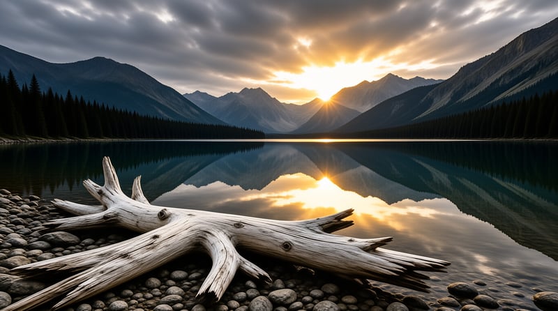 A pale sunken log rests on smooth river stones while the rising sun bursts over peaks reflected in still water.