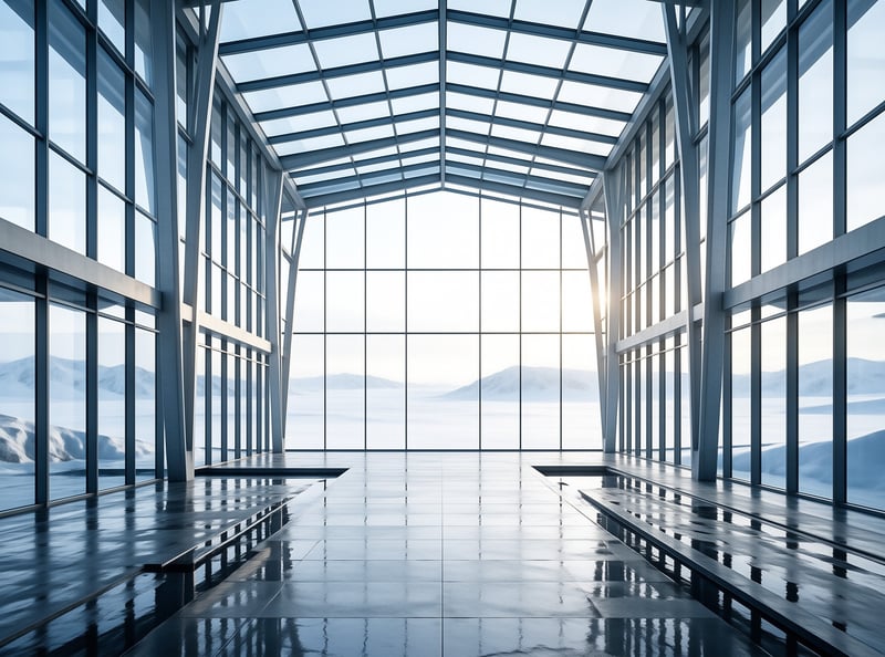 A spacious glass pavilion with reflective floors overlooks a sunlit snowy mountain landscape under a clear sky