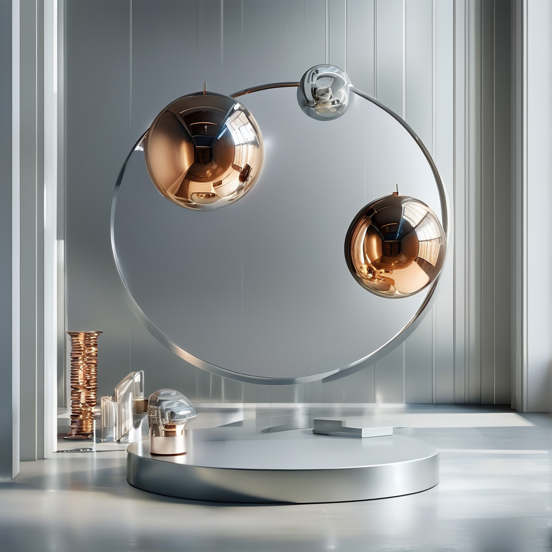 A large metallic ring with copper spheres hovers above a circular platform in a bright minimalist interior.