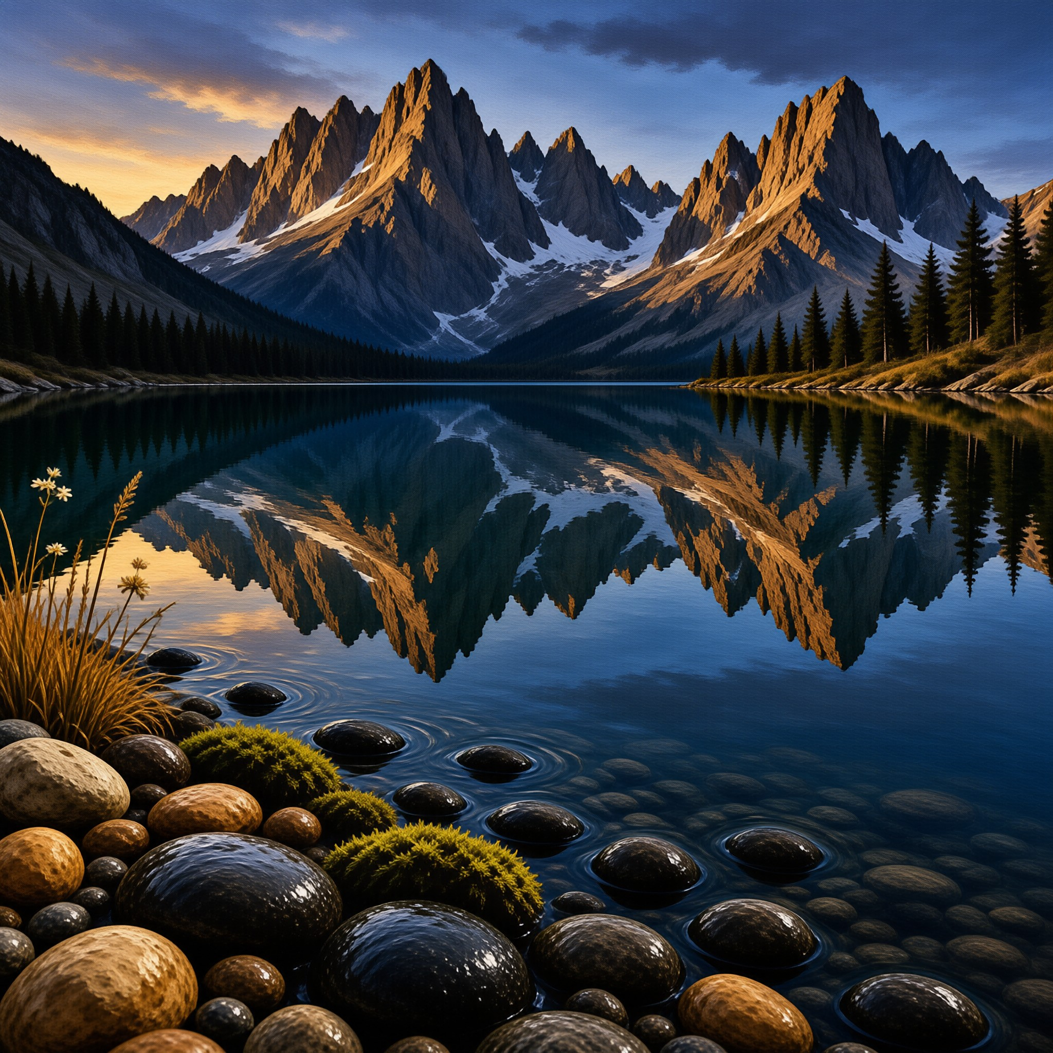 Jagged snow capped mountains reflected in a dark blue lake during golden hour with wet stones in the foreground