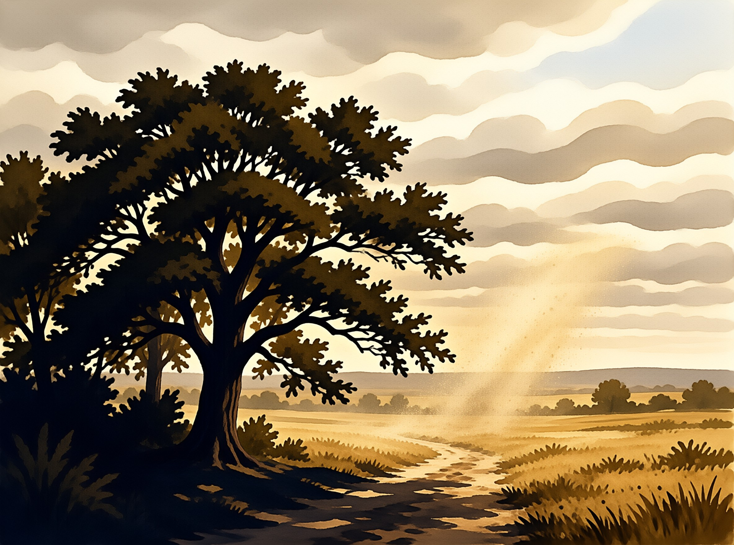 A silhouetted oak tree stands at the edge of a sunlit dirt path leading across golden grassland under a soft layered cloudy sky