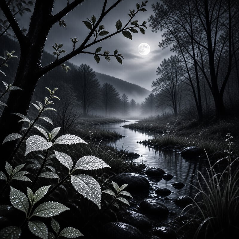 A silver full moon hangs above a calm forest stream, its light tracing wet leaves, stones and mist in dark monochrome.