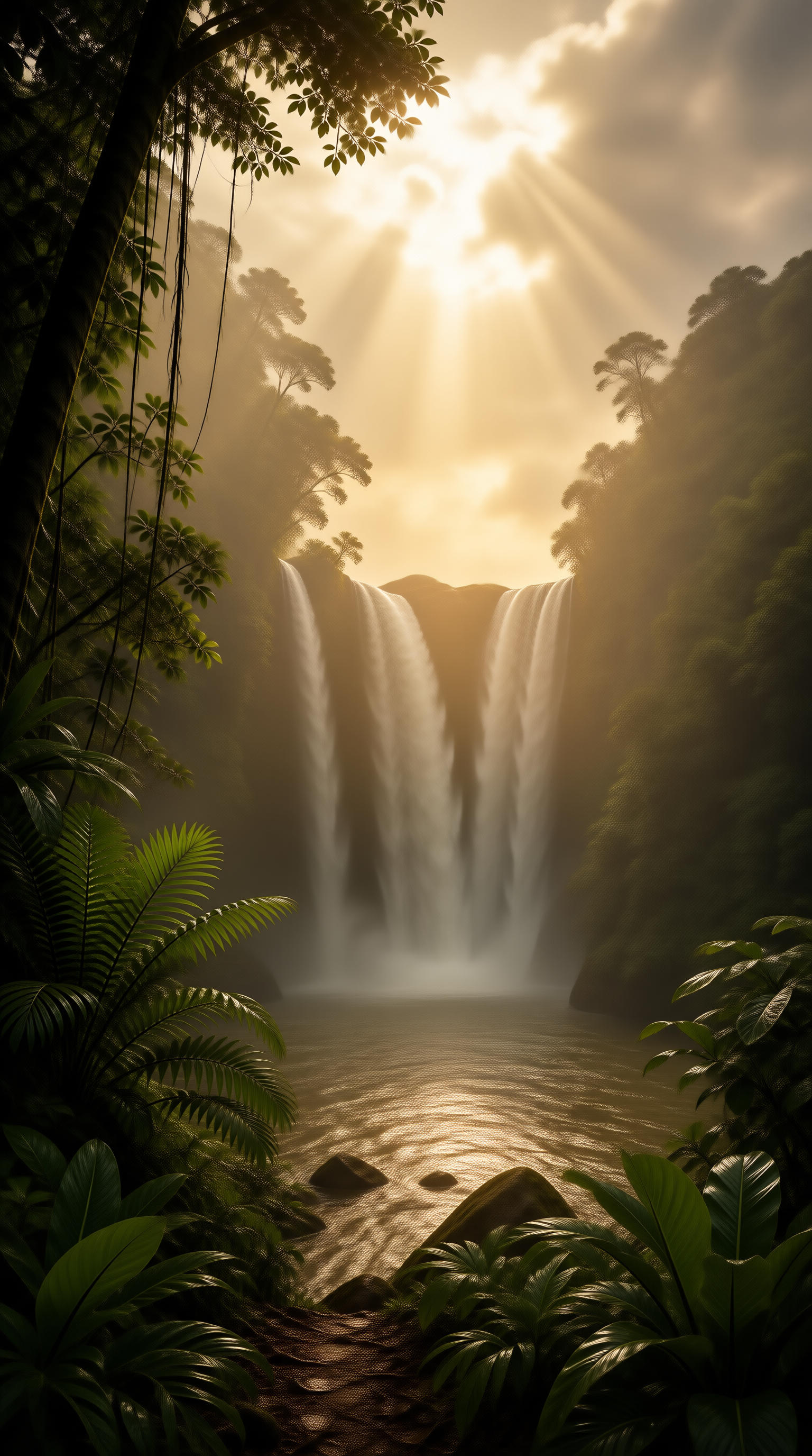 Sunlit Jungle Waterfall