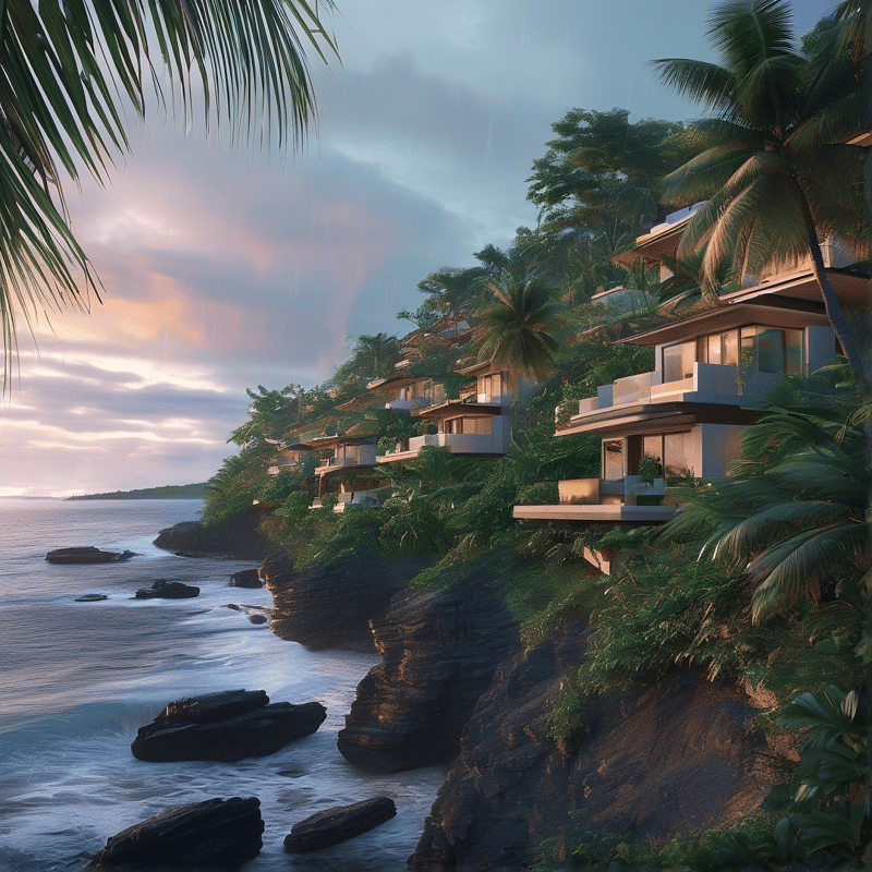 Tropical palm trees frame a layered cliffside of glass-walled villas descending toward rocky ocean waves during a soft pastel sunset sky.