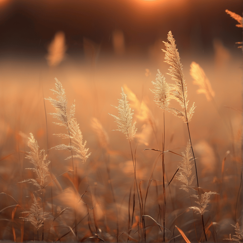 Slender blades of grass catch the warm light of a setting sun in a field.