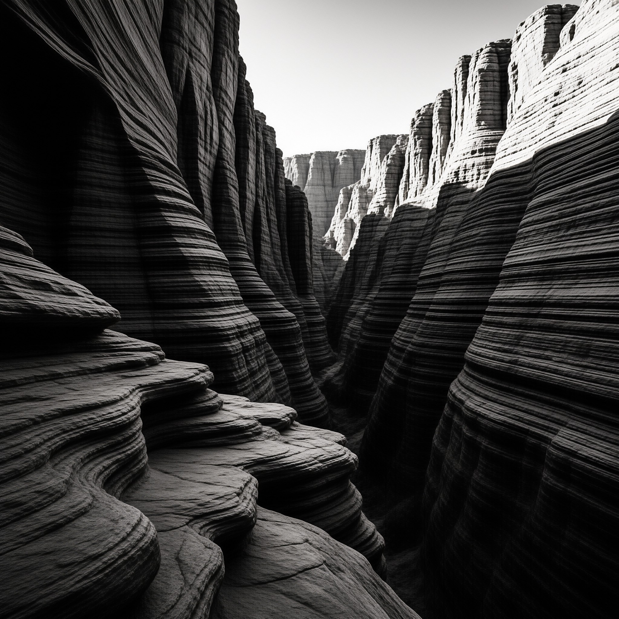 Monochrome landscape captures vertical stone surfaces featuring deep grooves leading to a sunlit horizon.