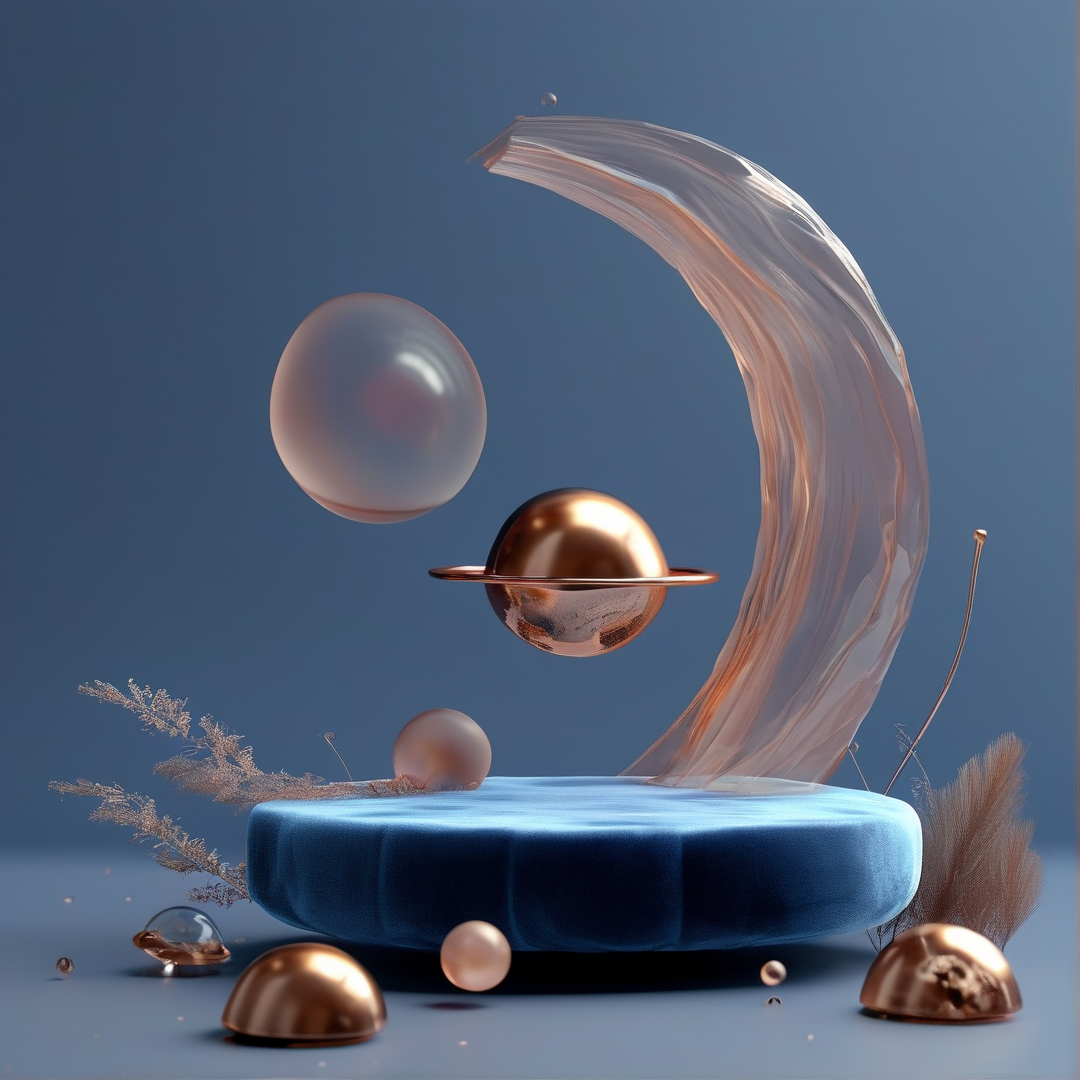 Pearl and copper spheres hover above a blue pedestal with a translucent ribbon and dried botanicals in soft light.