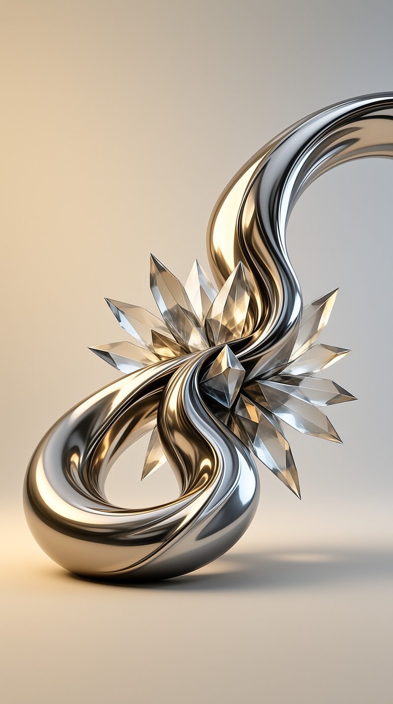 Flowing metallic curves intertwine with faceted gem-like structures in a studio setting with soft warm lighting
