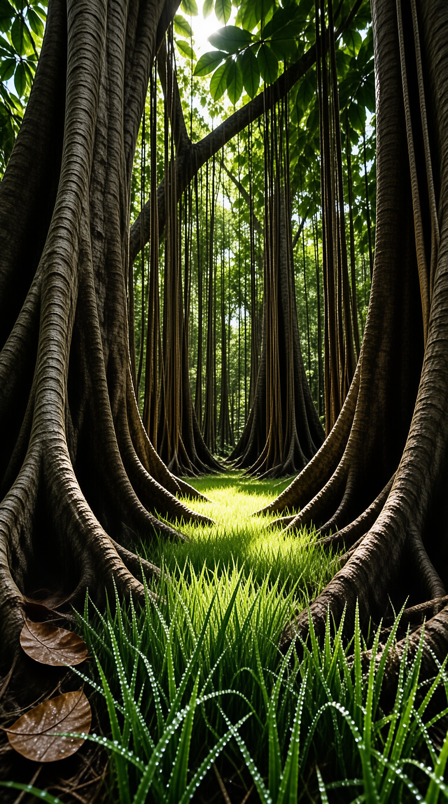 Banyan trees with hanging roots frame a sunlit grassy path in a lush forest