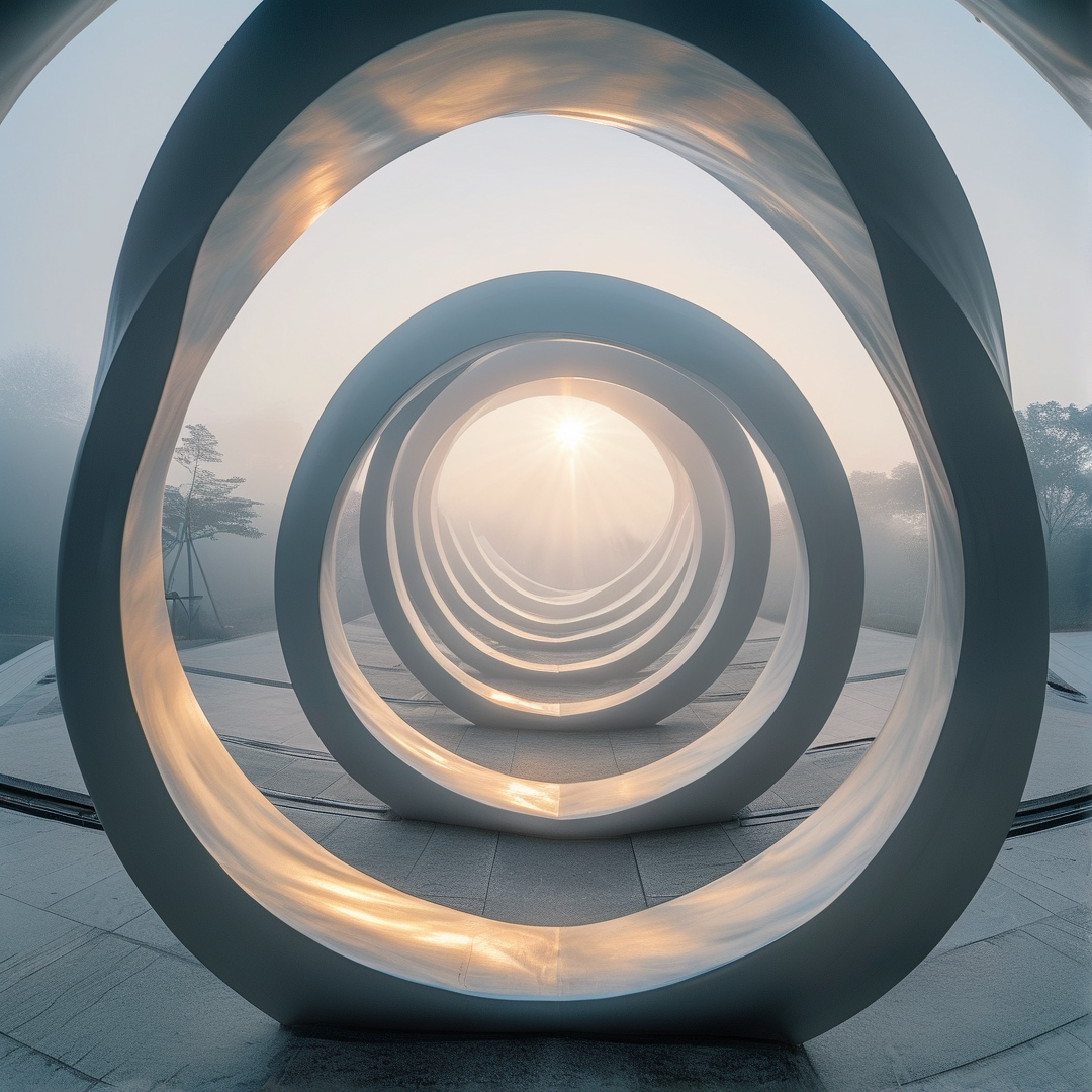 Concentric white rings stand in a misty plaza with bright sunlight shining through the innermost circle.