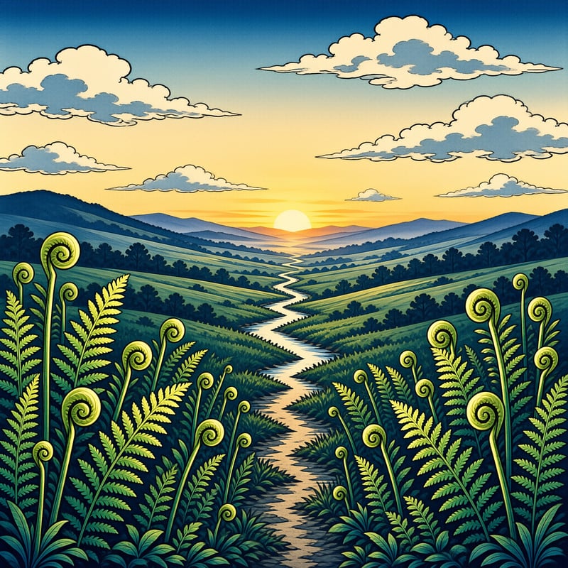 A river meanders through lush green hills under a warm sunset sky with decorative ferns in the foreground
