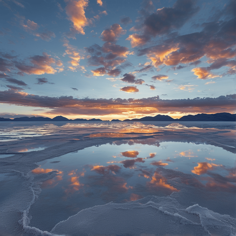 Shallow water pools across a white crust mirror the orange and blue twilight sky above distant hills.