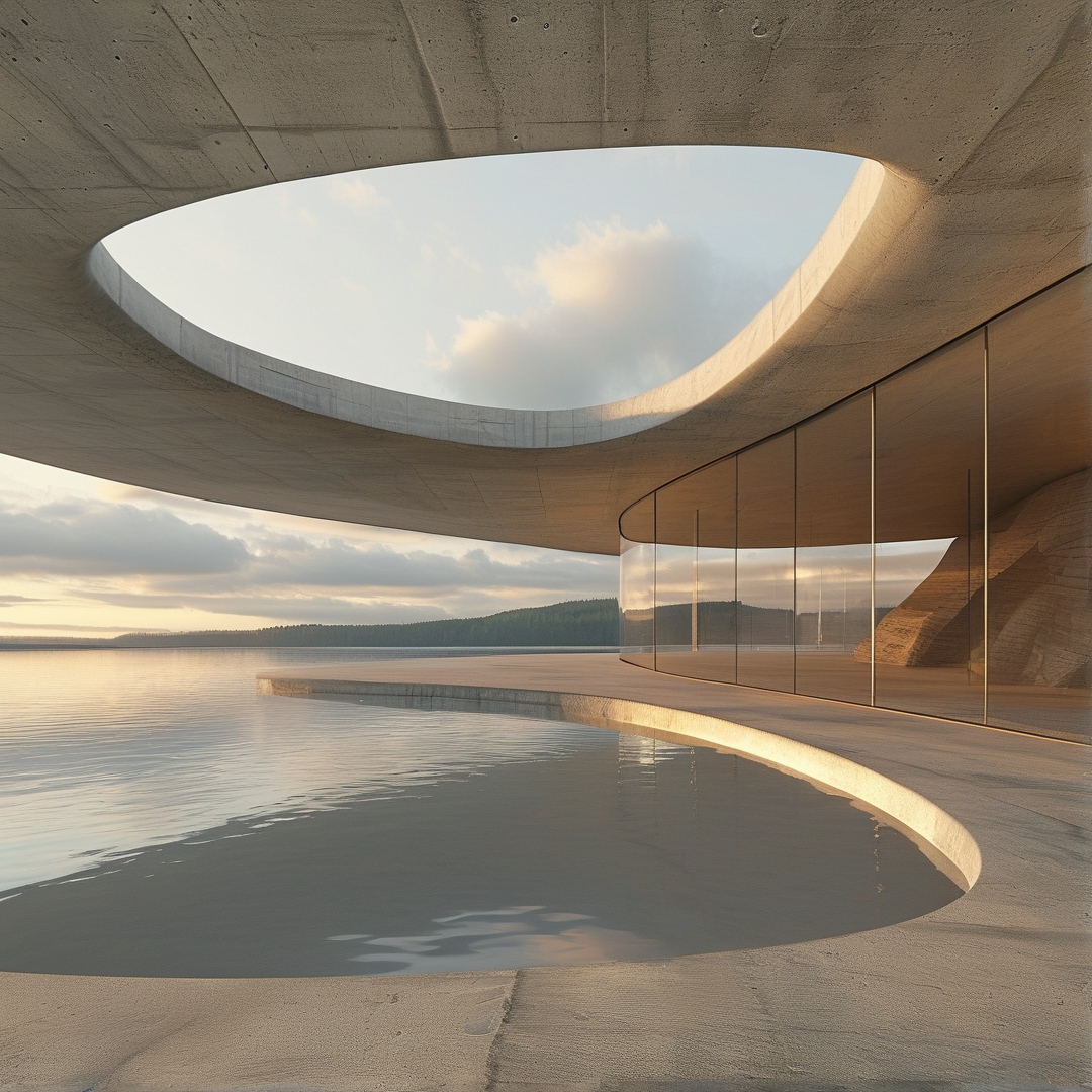 A modern concrete structure with curved walls overlooks a lake and distant hills under a soft cloudy sky.