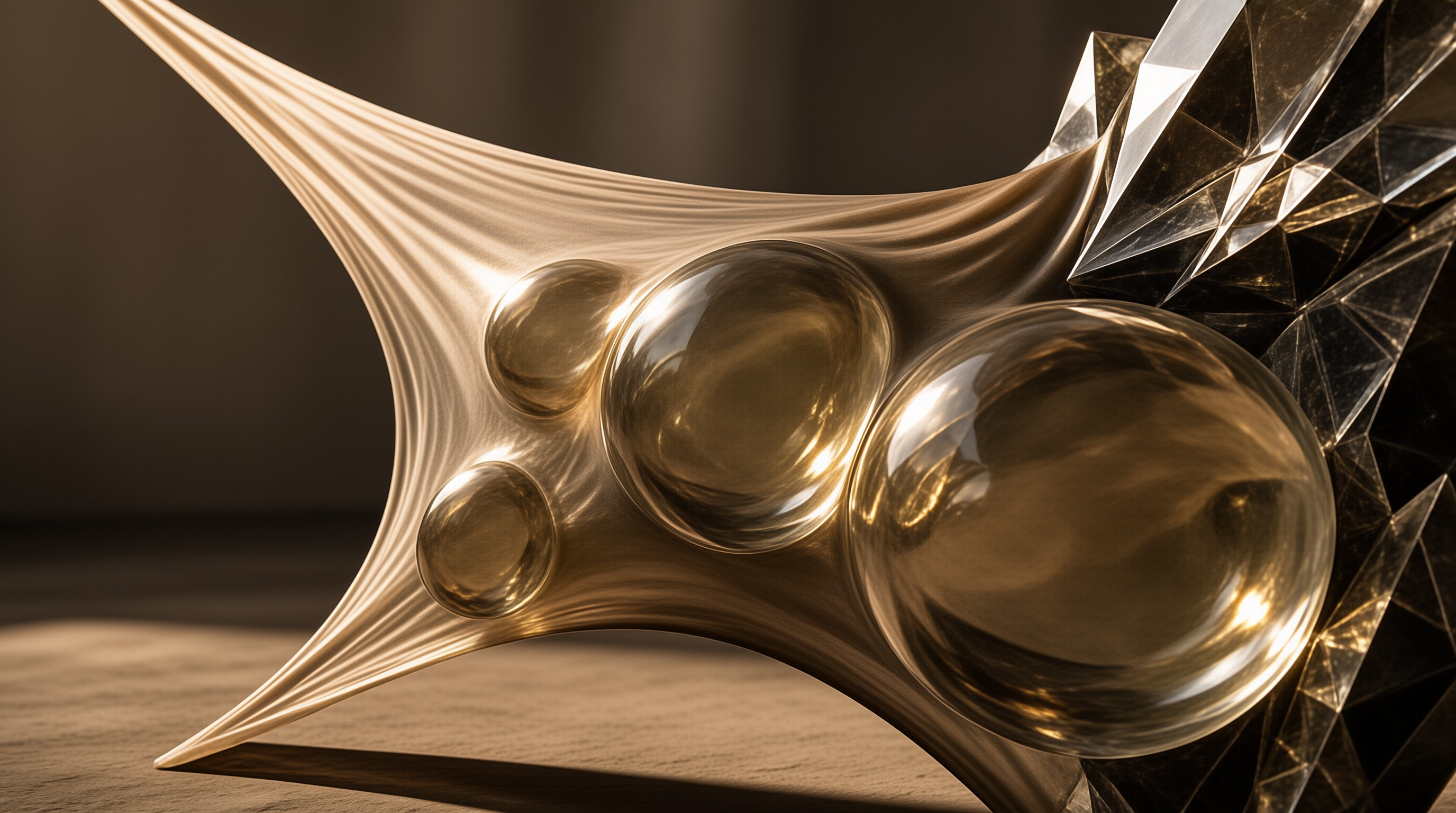 A shiny golden artwork sits on a table with sharp geometric shapes attached to its side reflecting warm studio lighting.