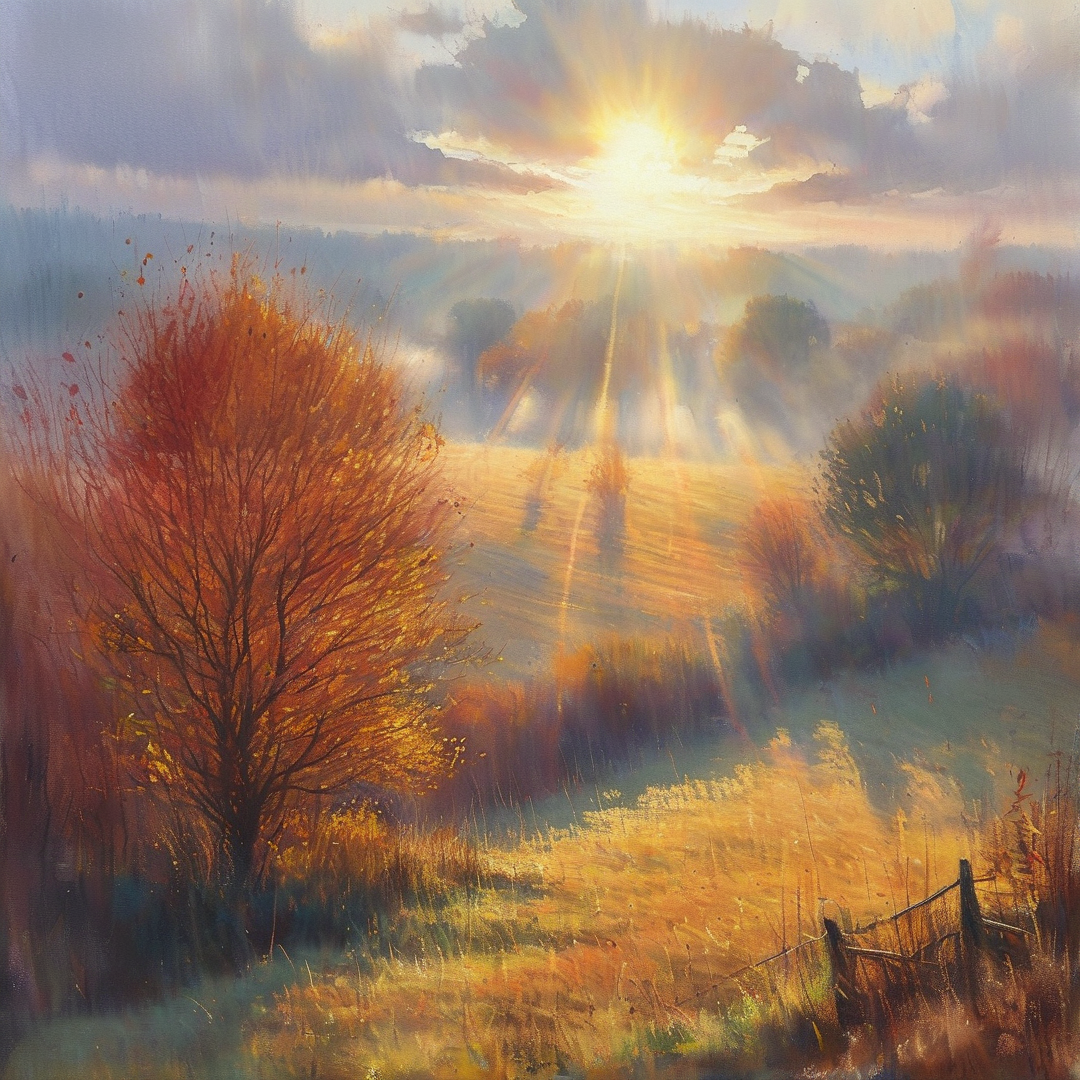 A tall orange tree dominates the foreground of a hilly field while golden sunbeams shine down from a cloudy sky.